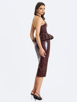 Jaslene Mahogany Ruched Peplum Plunge Halter Midi Dress Miss Circle