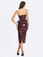 Jaslene Mahogany Ruched Peplum Plunge Halter Midi Dress Miss Circle