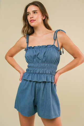 THRIVING ALL NIGHT DENIM ROMPER - By Baano