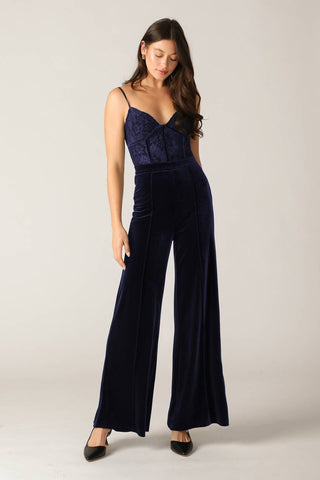 GLEAMING GLAM WOVEN LACE VELVET JUMPSUIT - By Baano