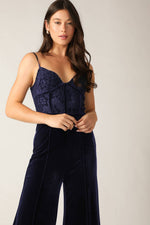 GLEAMING GLAM WOVEN LACE VELVET JUMPSUIT - By Baano
