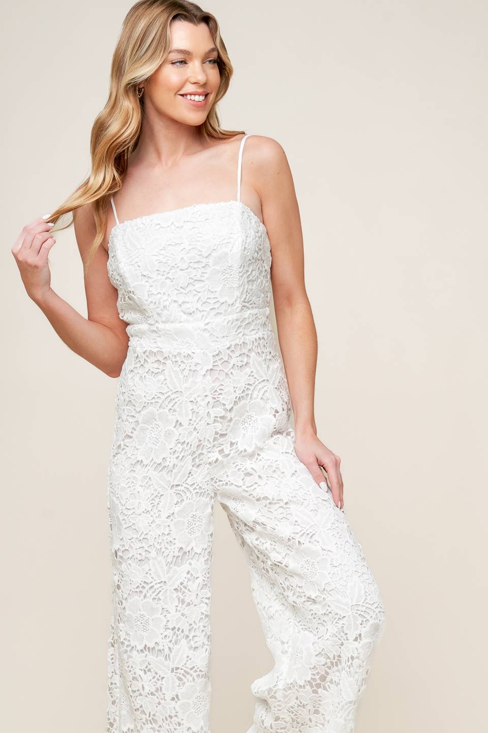 JUST ENOUGH OFF WHITE WOVEN LACE JUMPSUIT - By Baano