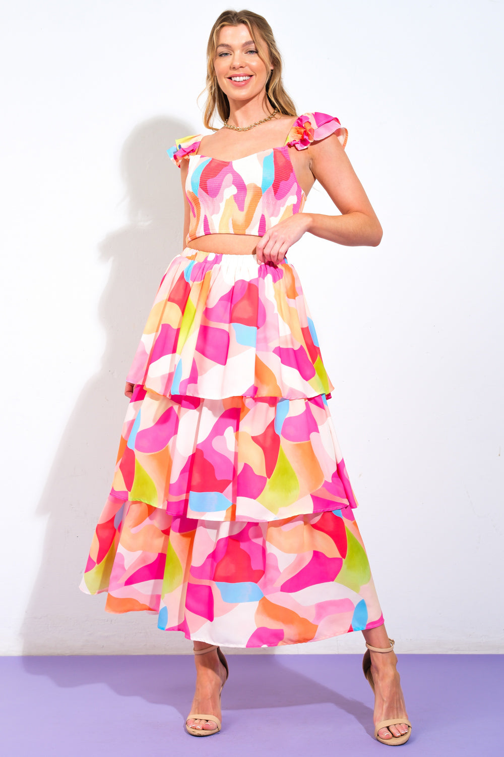 ABSOLUTE EDGE PINK WOVEN TOP AND SKIRT - By Baano