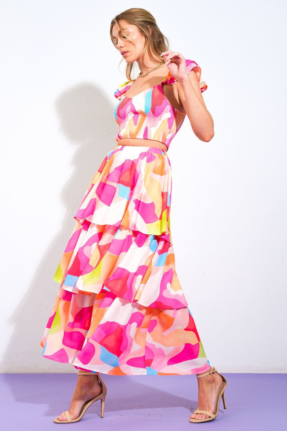 ABSOLUTE EDGE PINK WOVEN TOP AND SKIRT - By Baano