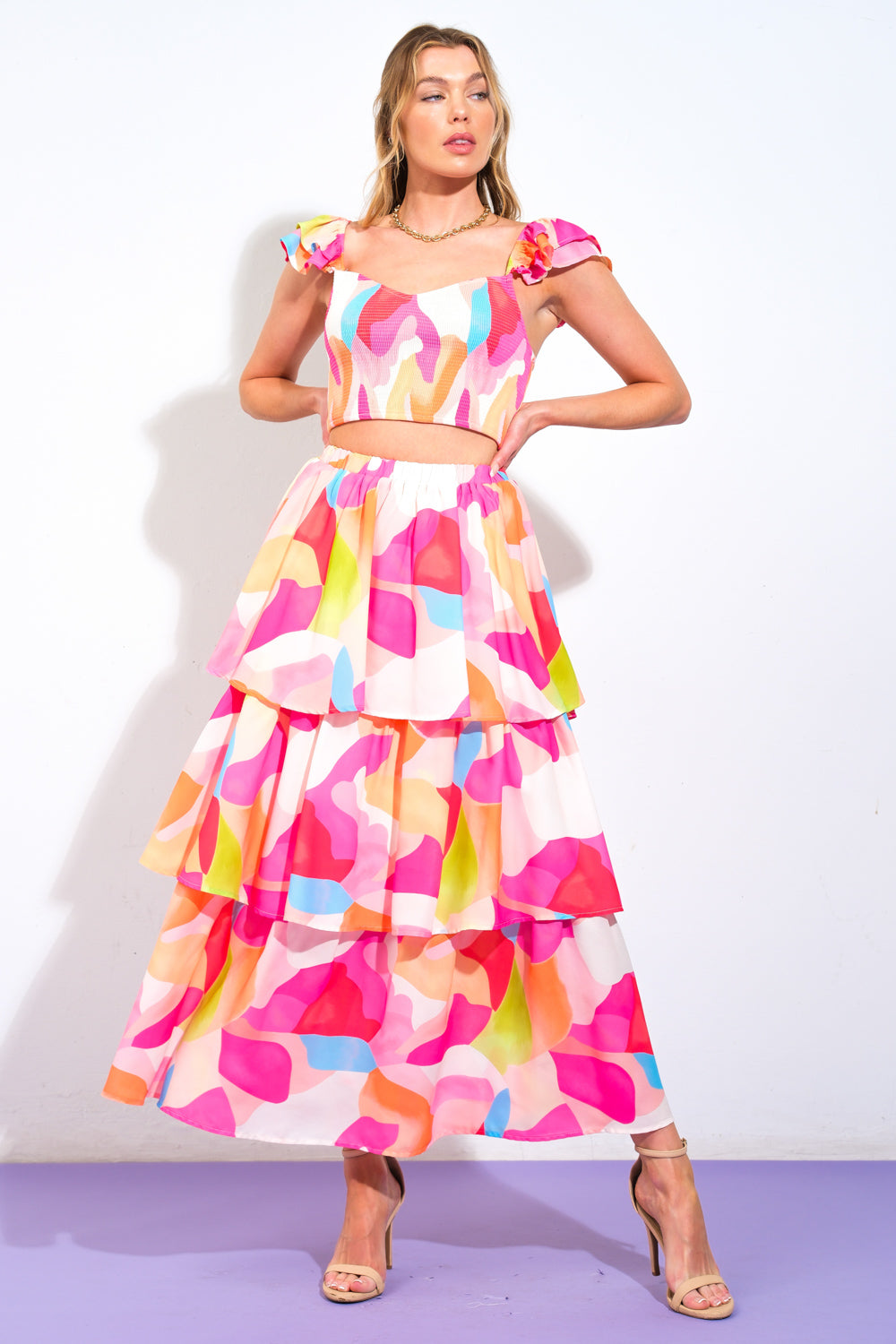 ABSOLUTE EDGE PINK WOVEN TOP AND SKIRT - By Baano