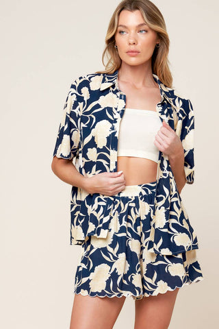 SLOW MORNINGS NAVY WOVEN TOP AND SHORTS SET - By Baano