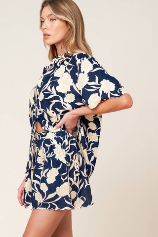 SLOW MORNINGS NAVY WOVEN TOP AND SHORTS SET - By Baano