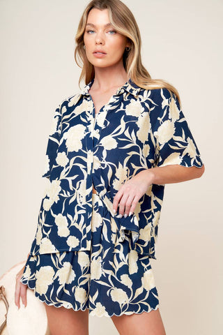 SLOW MORNINGS NAVY WOVEN TOP AND SHORTS SET - By Baano