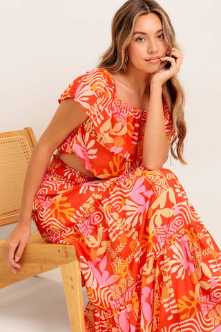 FAINT SUNBEAM RED WOVEN TOP AND SKIRT SET - By Baano