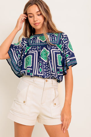 TILE ESCAPE EMBROIDERED WOVEN TOP - By Baano