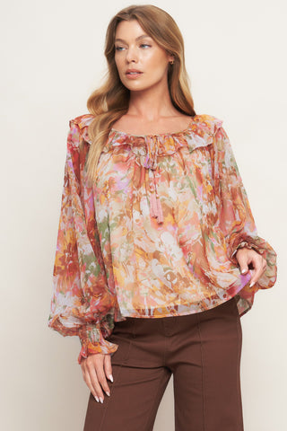 SOFT FLORAL RUST WOVEN TOP - By Baano