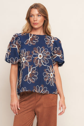 RETRO BLOOM PUFF SLEEVE WOVEN TOP - By Baano