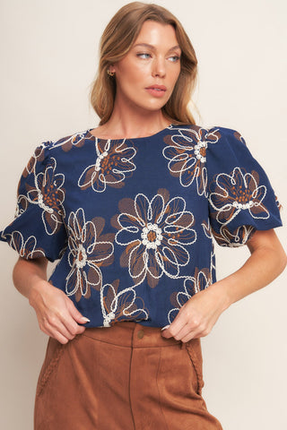 RETRO BLOOM PUFF SLEEVE WOVEN TOP - By Baano