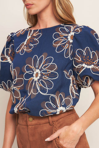 RETRO BLOOM PUFF SLEEVE WOVEN TOP - By Baano