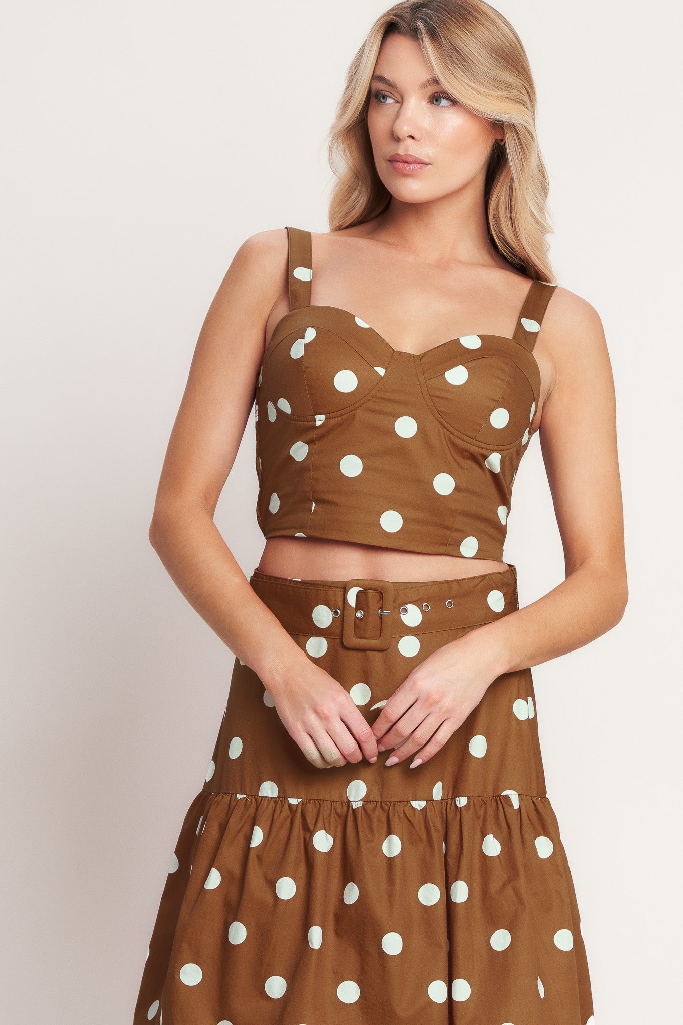 BROWN SUGAR DOT WOVEN BUSTIER TOP Flying Tomato