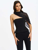 Quinette Black Peplum Top with Beaded Asymmetrical Cape Miss Circle