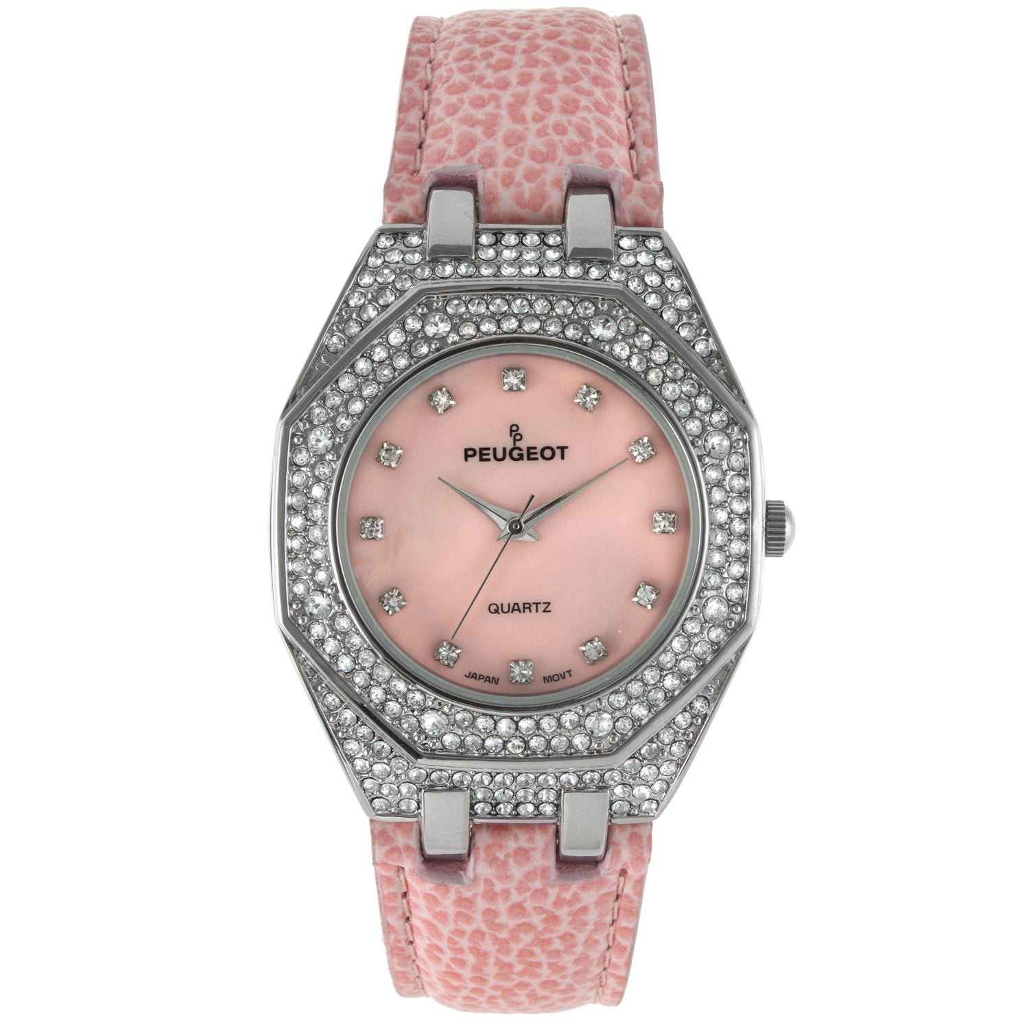 Women's 37mm Pink Watch with Crystal Bezel Leather Band Peugeot Watches