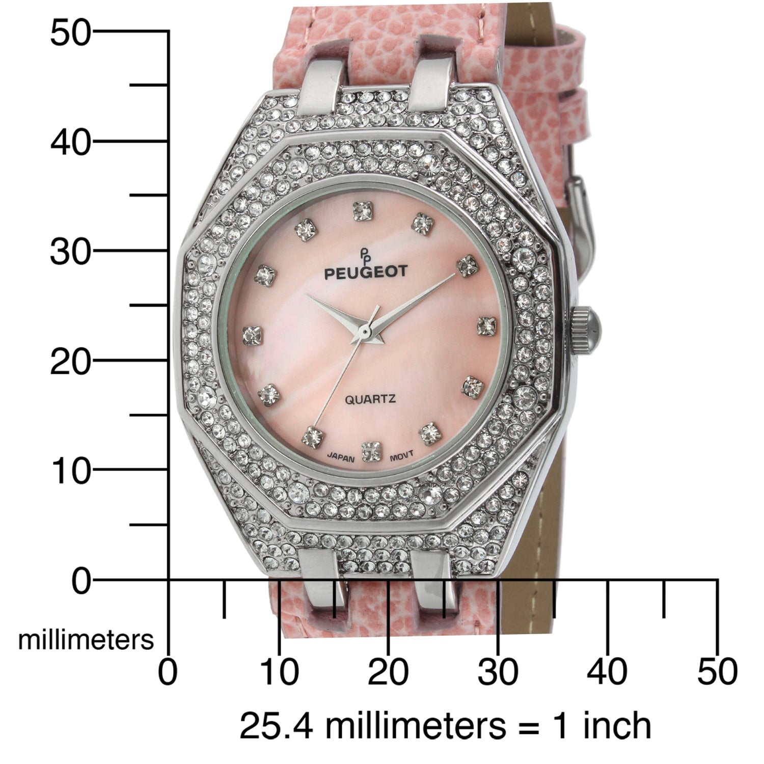 Women's 37mm Pink Watch with Crystal Bezel Leather Band Peugeot Watches