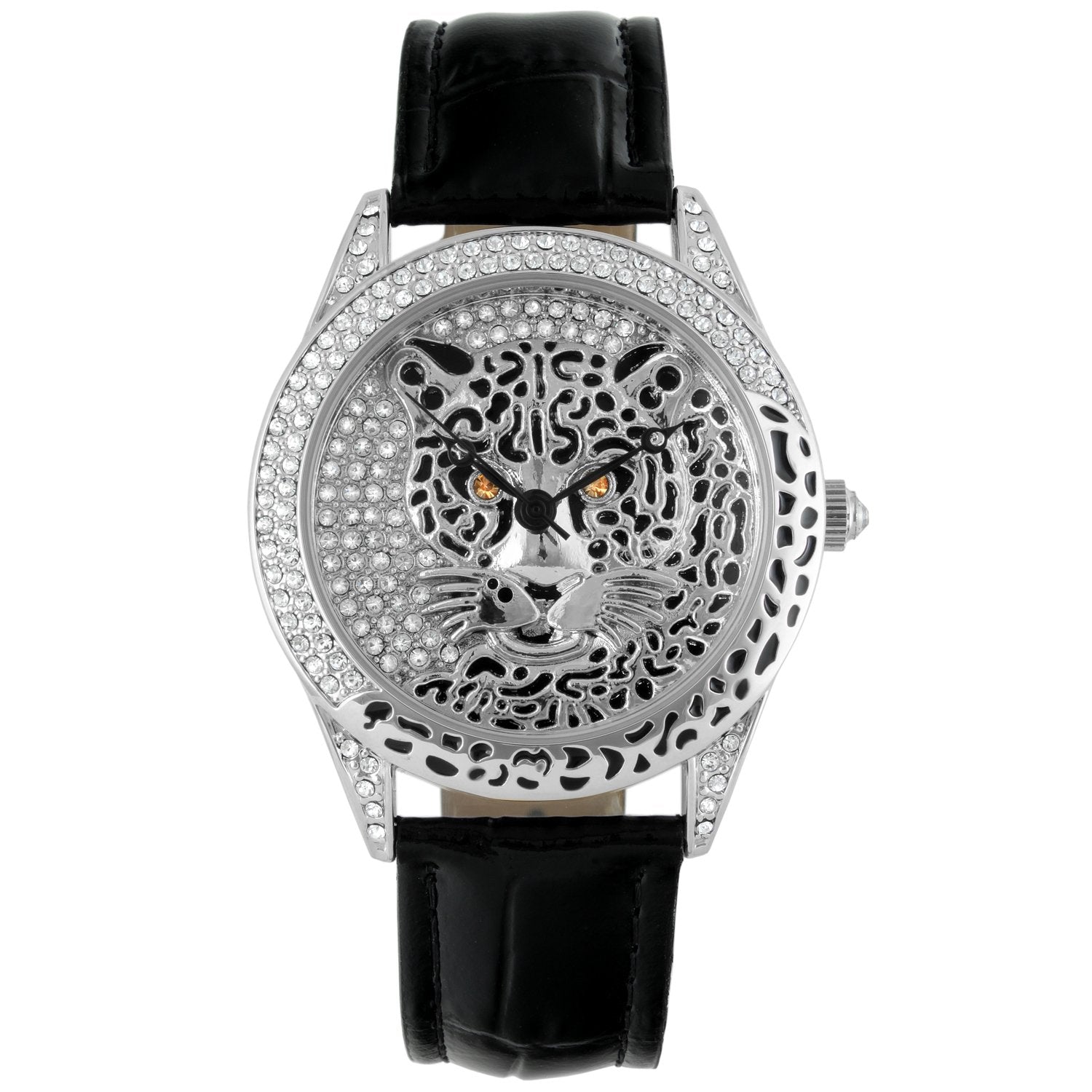 Women's Couture Silver Watch Leopard Dial Swarovski Crystal Peugeot Watches