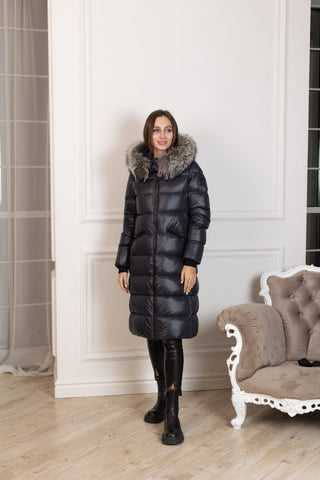 Genuine Silver Fox Fur Trim Down Fill Coat - By Baano