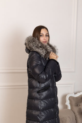 Genuine Silver Fox Fur Trim Down Fill Coat - By Baano