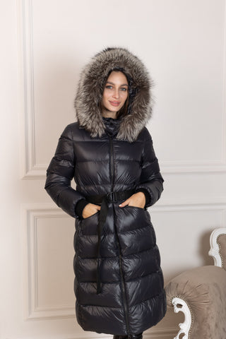 Genuine Silver Fox Fur Trim Down Fill Coat - By Baano