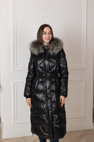 Genuine Silver Fox Fur Trim Down Fill Coat - By Baano