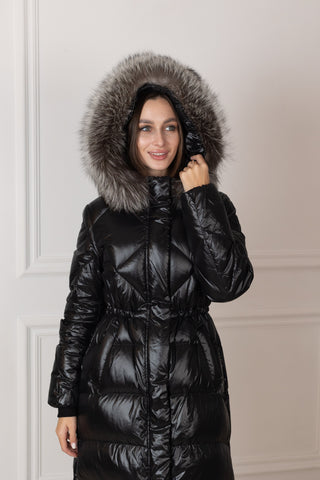 Genuine Silver Fox Fur Trim Down Fill Coat - By Baano