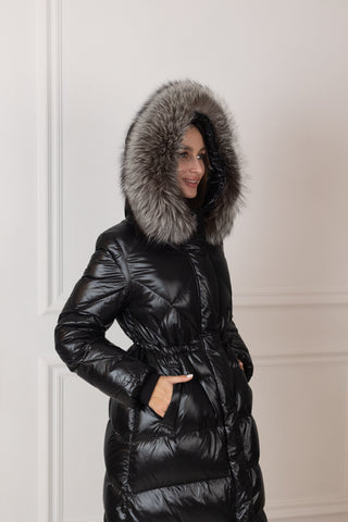 Genuine Silver Fox Fur Trim Down Fill Coat - By Baano