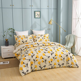 DaDa Bedding Yellow Fleur Golden Orange Botanical Ivory Duvet Cover & Fitted Flat Bed Sheets Set w/ Pillow Cases Window Valances (18112)
