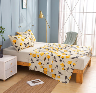 DaDa Bedding Yellow Fleur Golden Orange Floral Ivory Fitted & Flat Bed Sheets Set (18112)