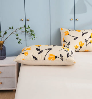DaDa Bedding Yellow Fleur Golden Orange Floral Ivory Fitted & Flat Bed Sheets Set (18112)