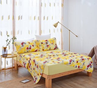 DaDa Bedding Sunshine Yellow Hummingbirds Floral Fitted & Flat Bed Sheets Set (JHW-925)