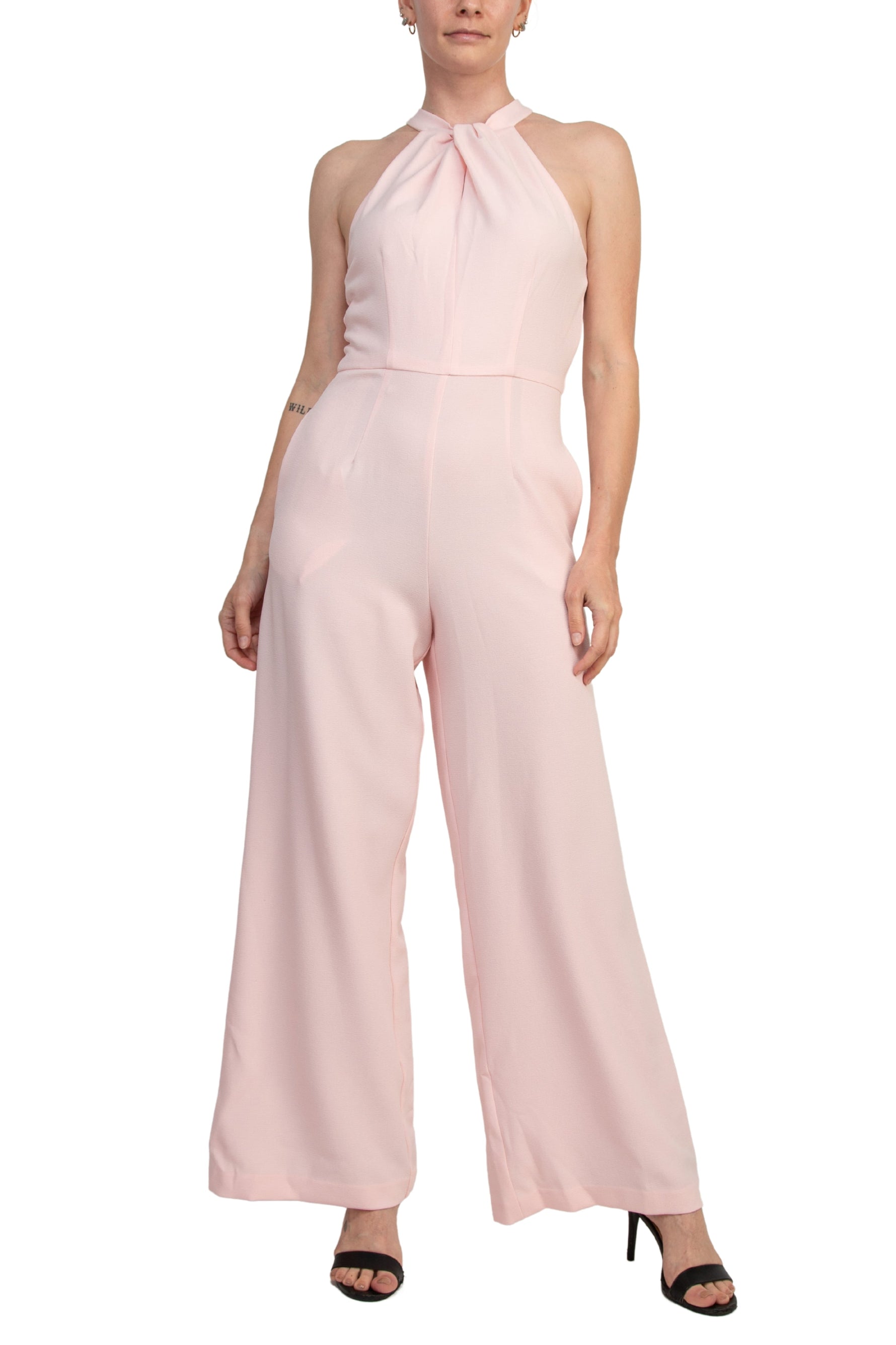 Julia Jordan Twist Halter Neck Cutaway Shoulders Pocketed Wide Leg Jumpsuit