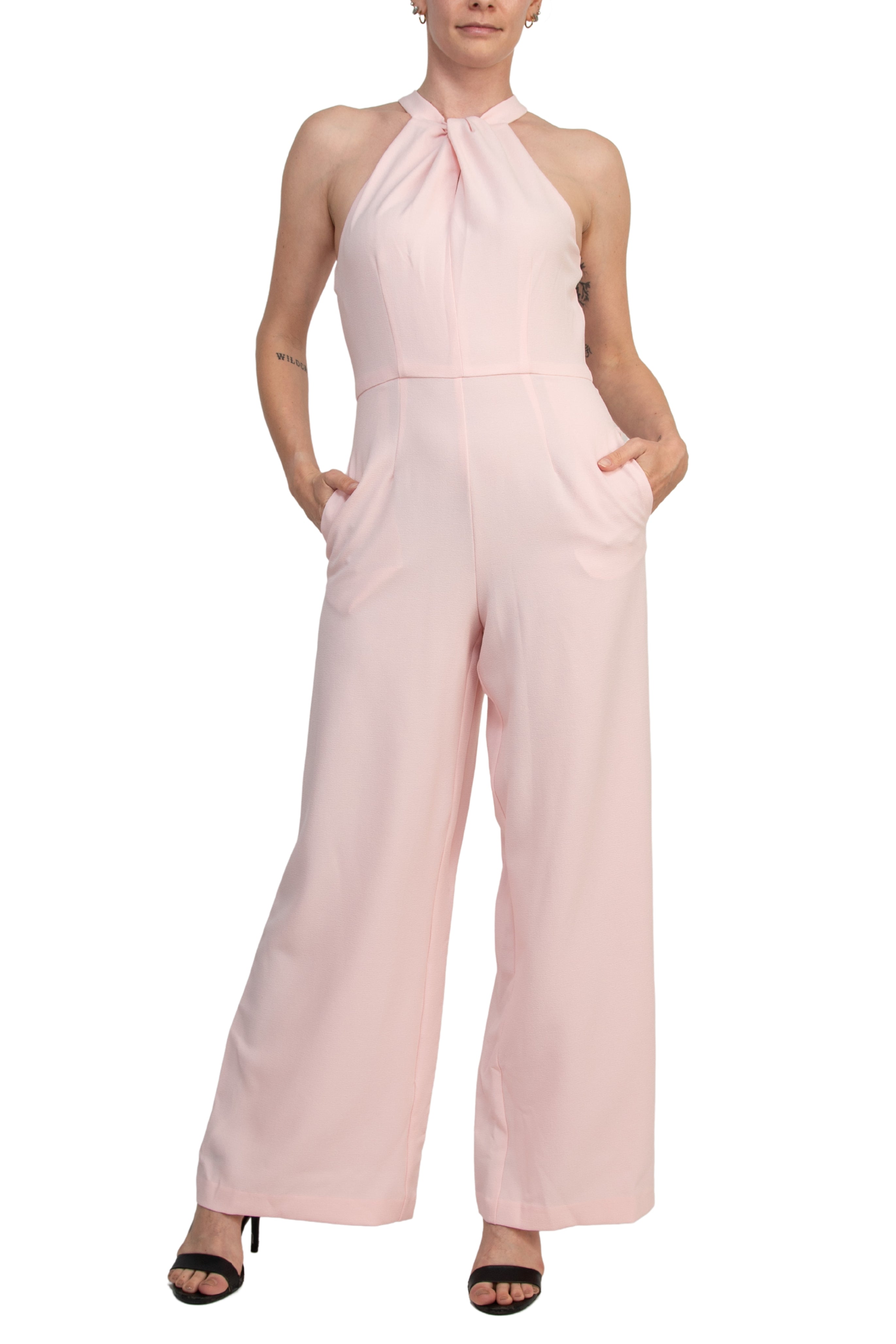 Julia Jordan Twist Halter Neck Cutaway Shoulders Pocketed Wide Leg Jumpsuit