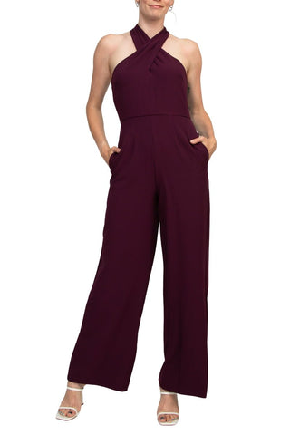 Julia Jordan Stretch Criss Cross Halter Neckline Sleeveless Crepe Jumpsuit With Pockets - Glamourous Grace