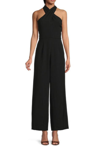 Julia Jordan Stretch Criss Cross Halter Neckline Sleeveless Crepe Jumpsuit With Pockets - Glamourous Grace