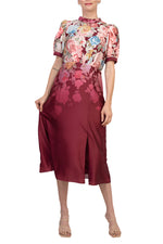Julia Jordan Mock Neckline Short Puff Sleeves Floral Satin Midi Dress
