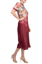 Julia Jordan Mock Neckline Short Puff Sleeves Floral Satin Midi Dress