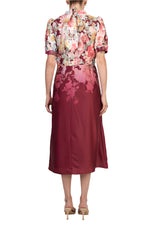 Julia Jordan Mock Neckline Short Puff Sleeves Floral Satin Midi Dress