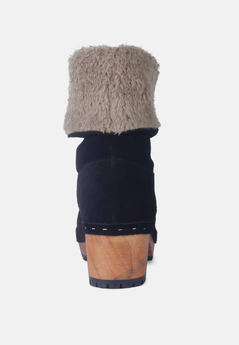 Juglans Fur Collared Ankle Clog Boots In Black
