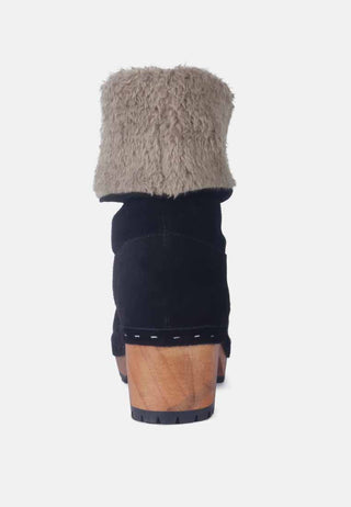 Juglans Fur Collared Ankle Clog Boots In Black