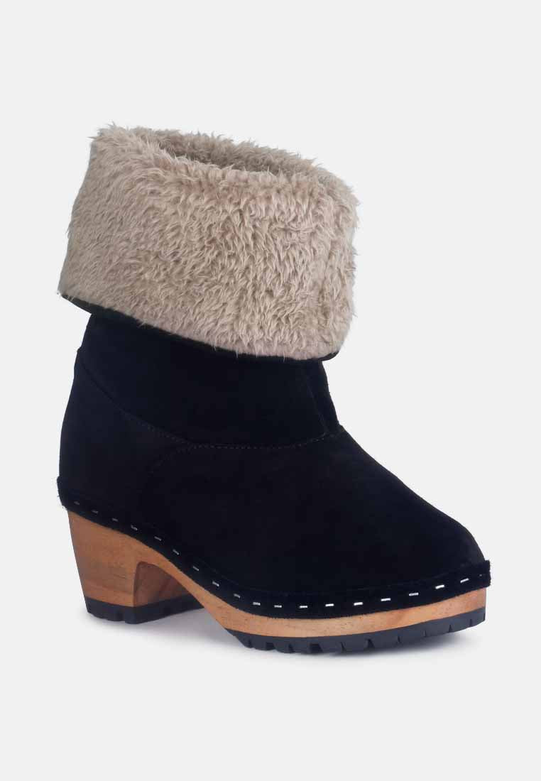 Juglans Fur Collared Ankle Clog Boots In Black