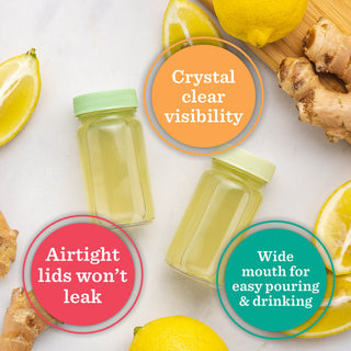 Glass Juice Shot Bottles Set w/ Colored Lids & Grip Bands, 8 Pack Set, 2oz