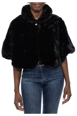 Nina Leonard Collared Cap Sleeve One Button Closure Solid Faux Fur Jacket - Glamourous Grace