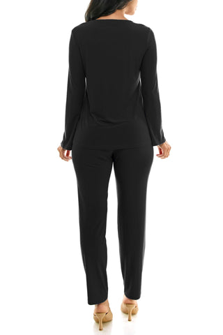 Nina Leonard Scoop Neck Embellished Shoulder Long Sleeve With Elastic Waist Pant - Glamourous Grace