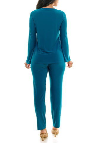 Nina Leonard Scoop Neck Embellished Shoulder Long Sleeve With Elastic Waist Pant - Glamourous Grace