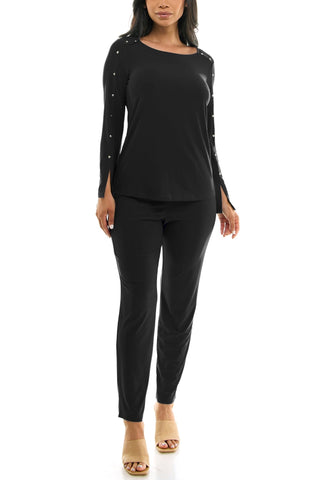 Nina Leonard Scoop Neck Embellished Shoulder Long Sleeve With Elastic Waist Pant - Glamourous Grace