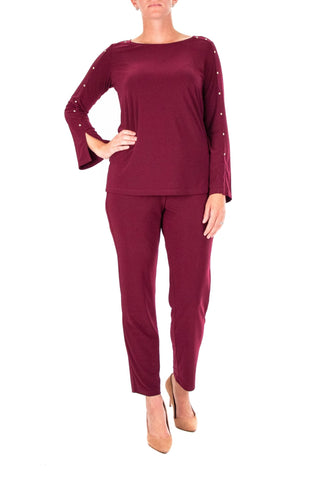 Nina Leonard Scoop Neck Embellished Shoulder Long Sleeve With Elastic Waist Pant - Glamourous Grace
