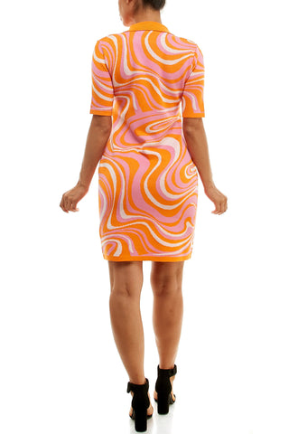 Nina Leonard collared short sleeve swirl jacquard sweater dress - By Baano
